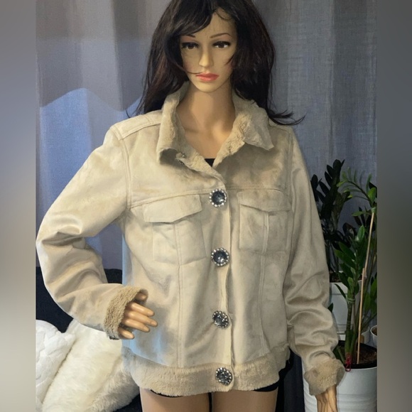 CHIT CHAT Faux Suede Fur Jeweled Jacket Coat Medium - Picture 1 of 13